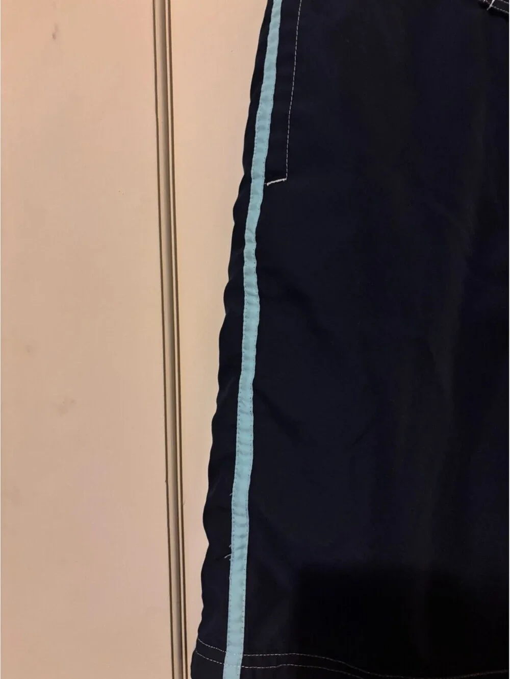 Navy Blue Swim Trunks with Light Blue Side Stripes and Cargo Pocket
